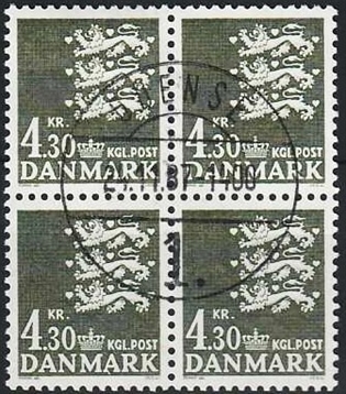 FRIMÆRKER DANMARK | 1984 - AFA 793 - Rigsvåben 4,30 Kr. sortgrøn i 4-blok - Pragt Stemplet Odense